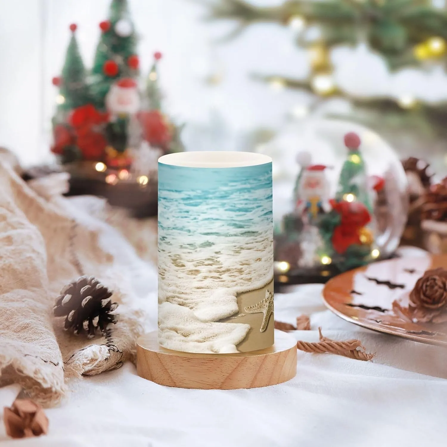 Flameless Candles with Remote and Timer Starfish Wave Sandy Battery Operated Candles Set of 2 Summer Beach Flickering Pillar Led Fake Candles for Halloween Christmas Wedding Decor
