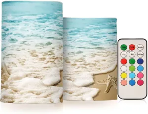 Flameless Candles with Remote and Timer Starfish Wave Sandy Battery Operated Candles Set of 2 Summer Beach Flickering Pillar Led Fake Candles for Halloween Christmas Wedding Decor