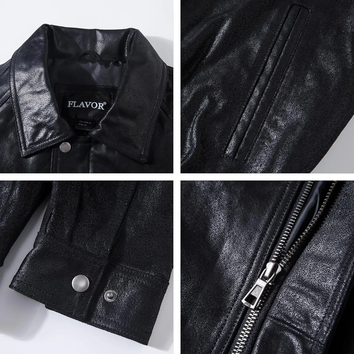 FLAVOR Men Casual Leather Bomber Jacket Classic Aviator Flight Jacket Black