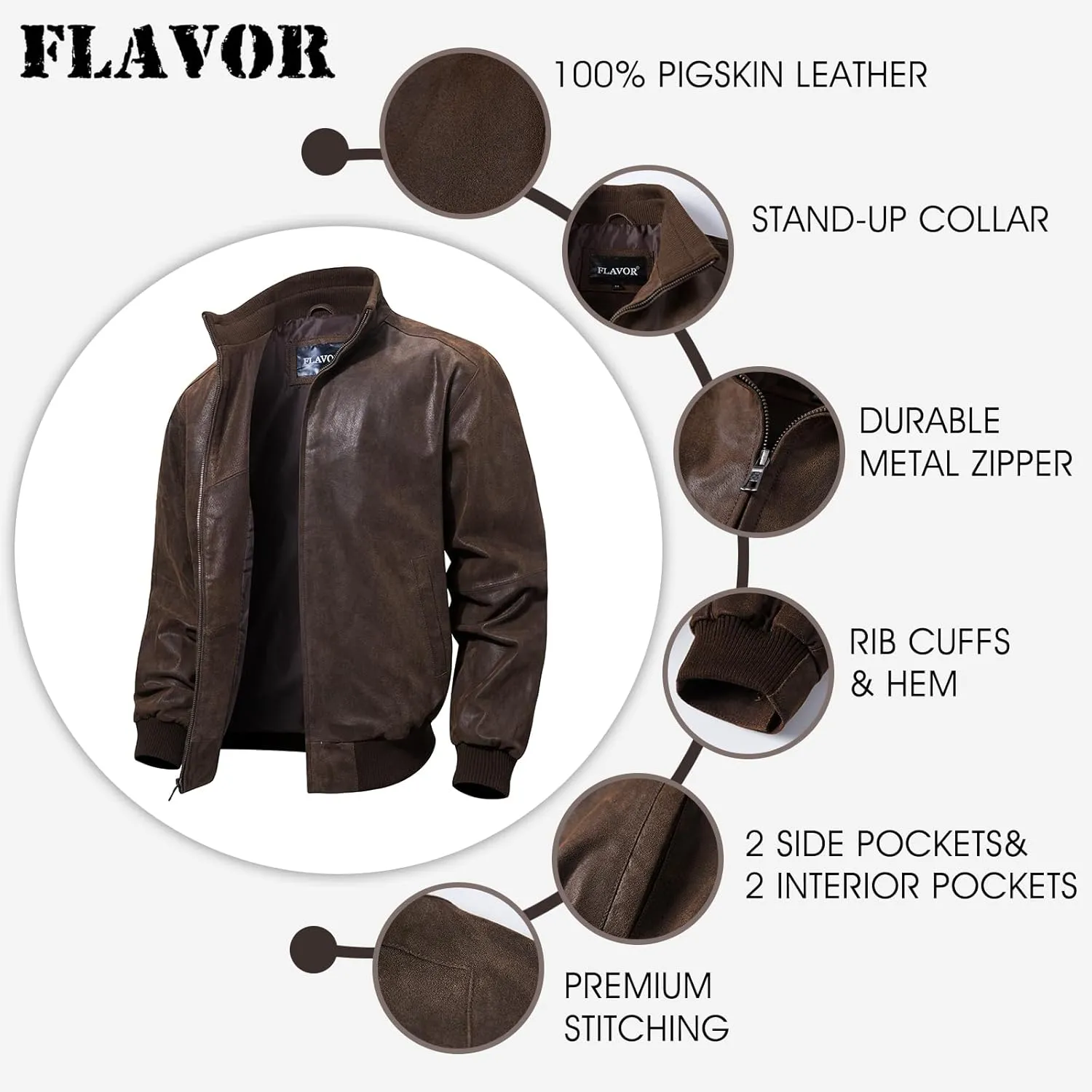 FLAVOR Men's Real Leather Bomber Casual Jacket
