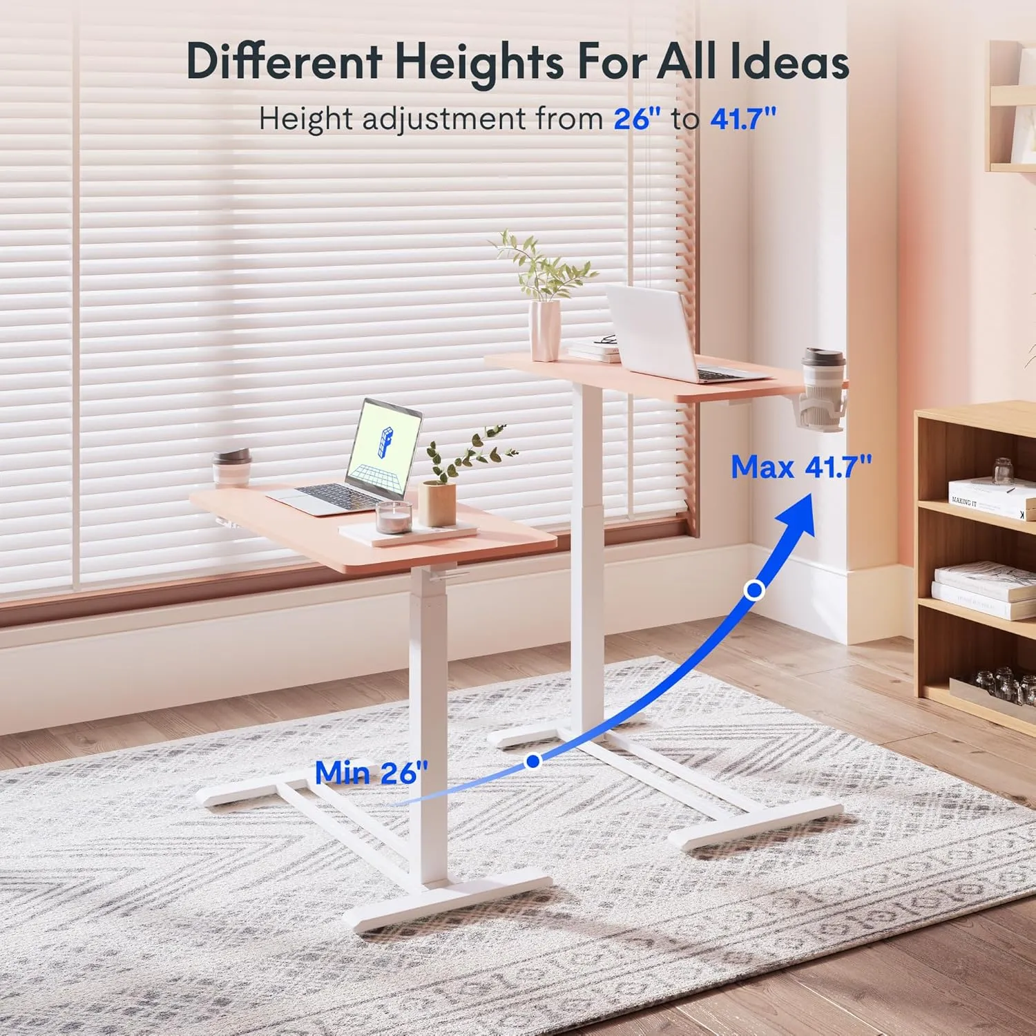 FLEXISPOT H7 Adjustable Overbed Bedside Table with Wheels Pneumatic Mobile Standing Desk Laptop Desk Rolling Computer Cart Movable Overbed Table Hospital Home Use(31.5" W x 17.7" D, Pink)
