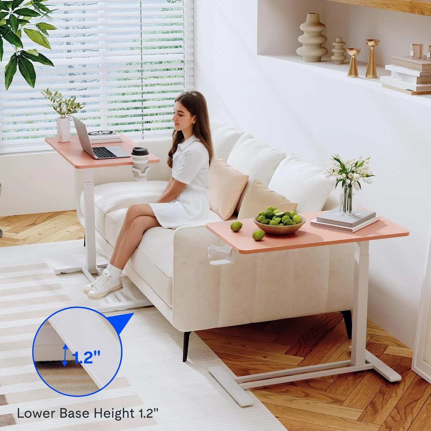 FLEXISPOT H7 Adjustable Overbed Bedside Table with Wheels Pneumatic Mobile Standing Desk Laptop Desk Rolling Computer Cart Movable Overbed Table Hospital Home Use(31.5" W x 17.7" D, Pink)
