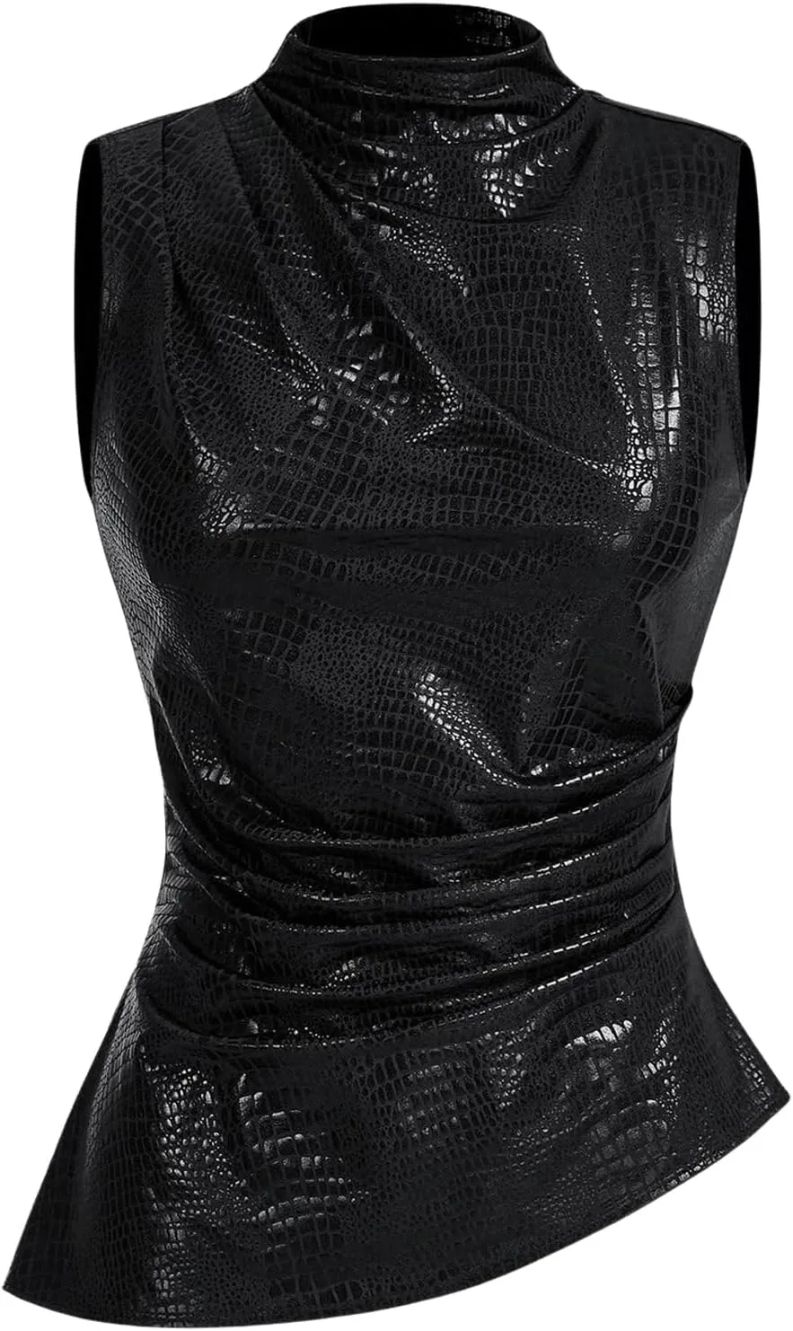 Floerns Women's Crocodile Leather Sleeveless Ruched Mock Neck Asymmetrical Hem Club Tank Top