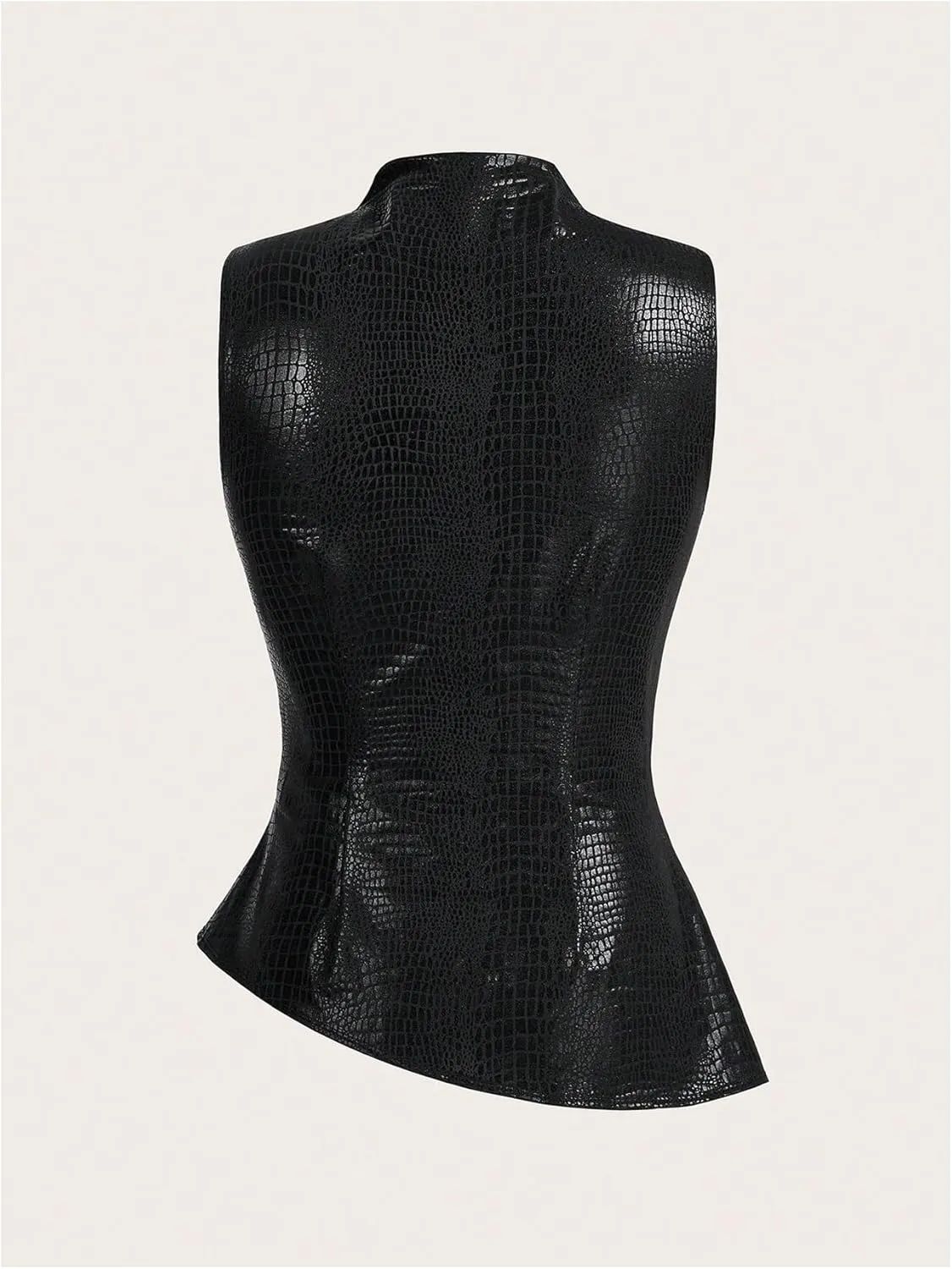 Floerns Women's Crocodile Leather Sleeveless Ruched Mock Neck Asymmetrical Hem Club Tank Top