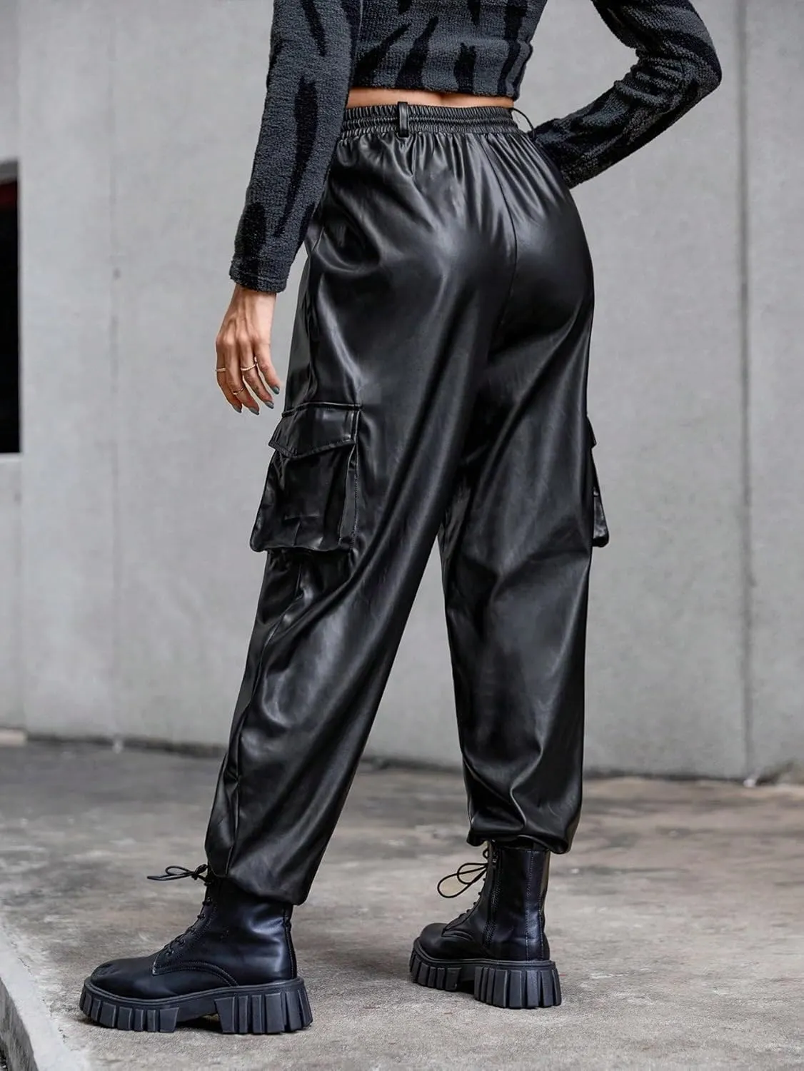 Floerns Women's Drawstring High Waisted Cropped Tapered Pu Leather Pants