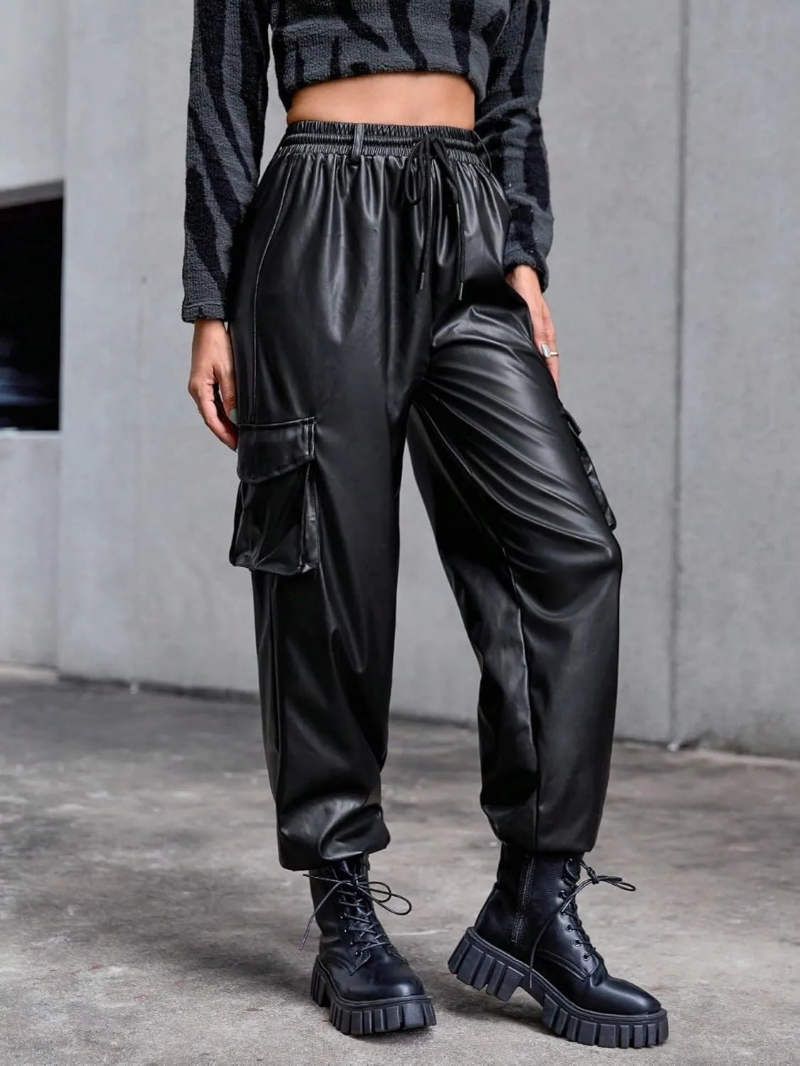 Floerns Women's Drawstring High Waisted Cropped Tapered Pu Leather Pants