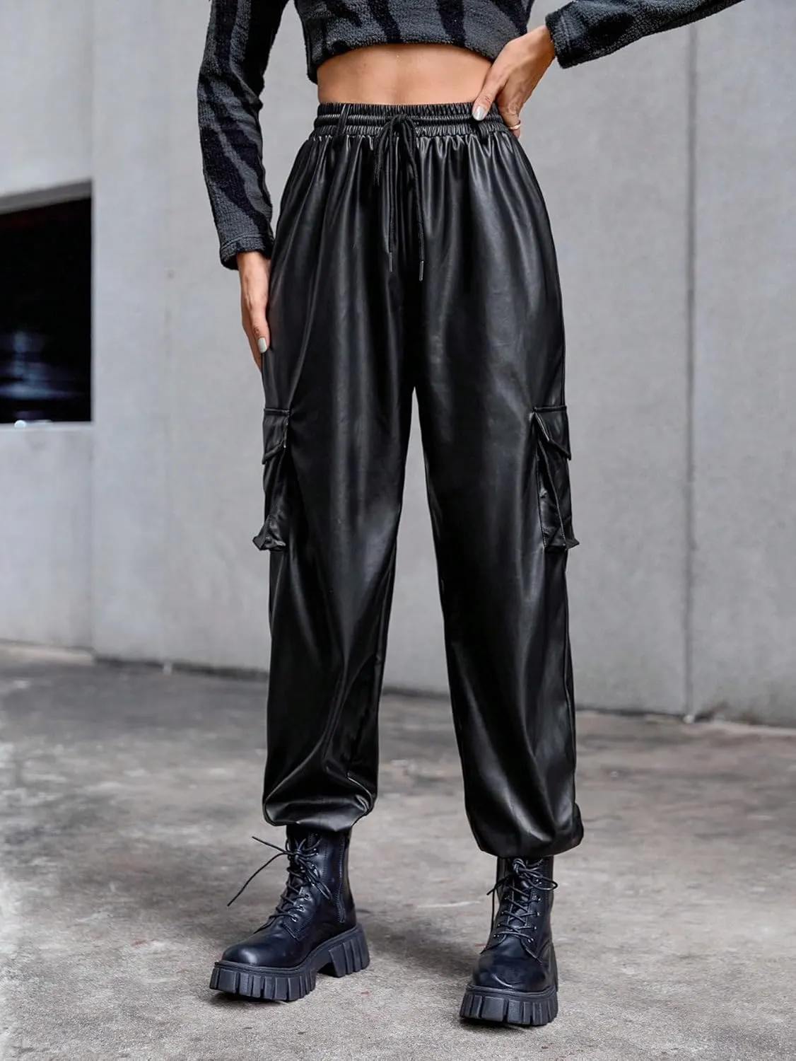 Floerns Women's Drawstring High Waisted Cropped Tapered Pu Leather Pants