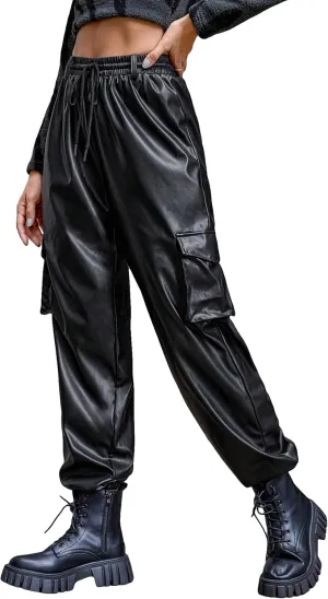 Floerns Women's Drawstring High Waisted Cropped Tapered Pu Leather Pants