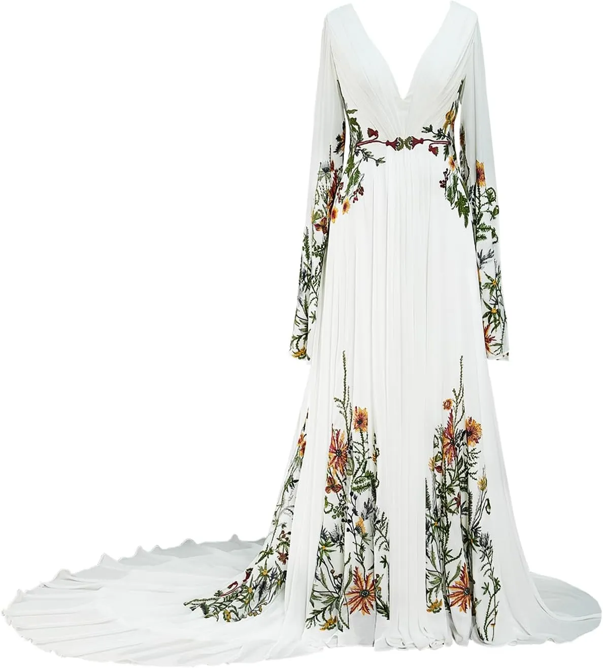 Floral Embroidered Wedding Dresses for Women Bride V Neck Bridal Gowns with Long Sleeves Boho Wedding Dress
