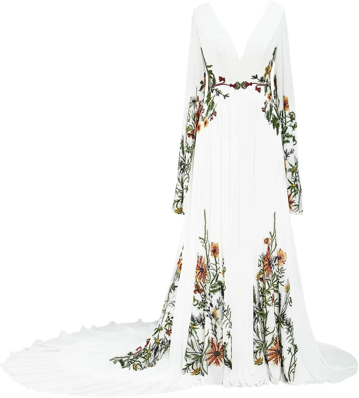 Floral Embroidered Wedding Dresses for Women Bride V Neck Bridal Gowns with Long Sleeves Boho Wedding Dress