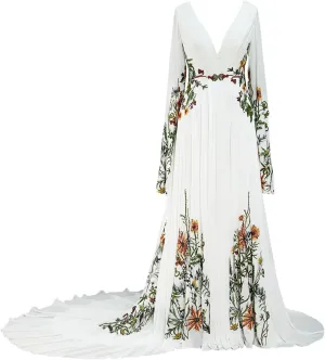 Floral Embroidered Wedding Dresses for Women Bride V Neck Bridal Gowns with Long Sleeves Boho Wedding Dress