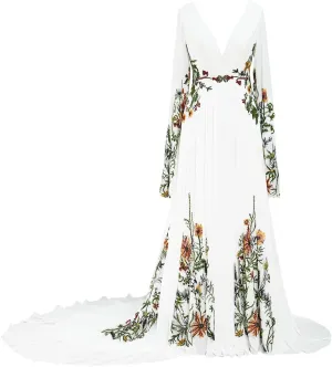 Floral Embroidered Wedding Dresses for Women Bride V Neck Bridal Gowns with Long Sleeves Boho Wedding Dress