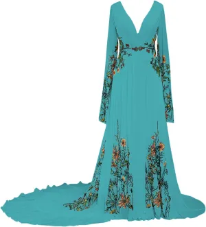Floral Embroidered Wedding Dresses for Women Bride V Neck Bridal Gowns with Long Sleeves Boho Wedding Dress