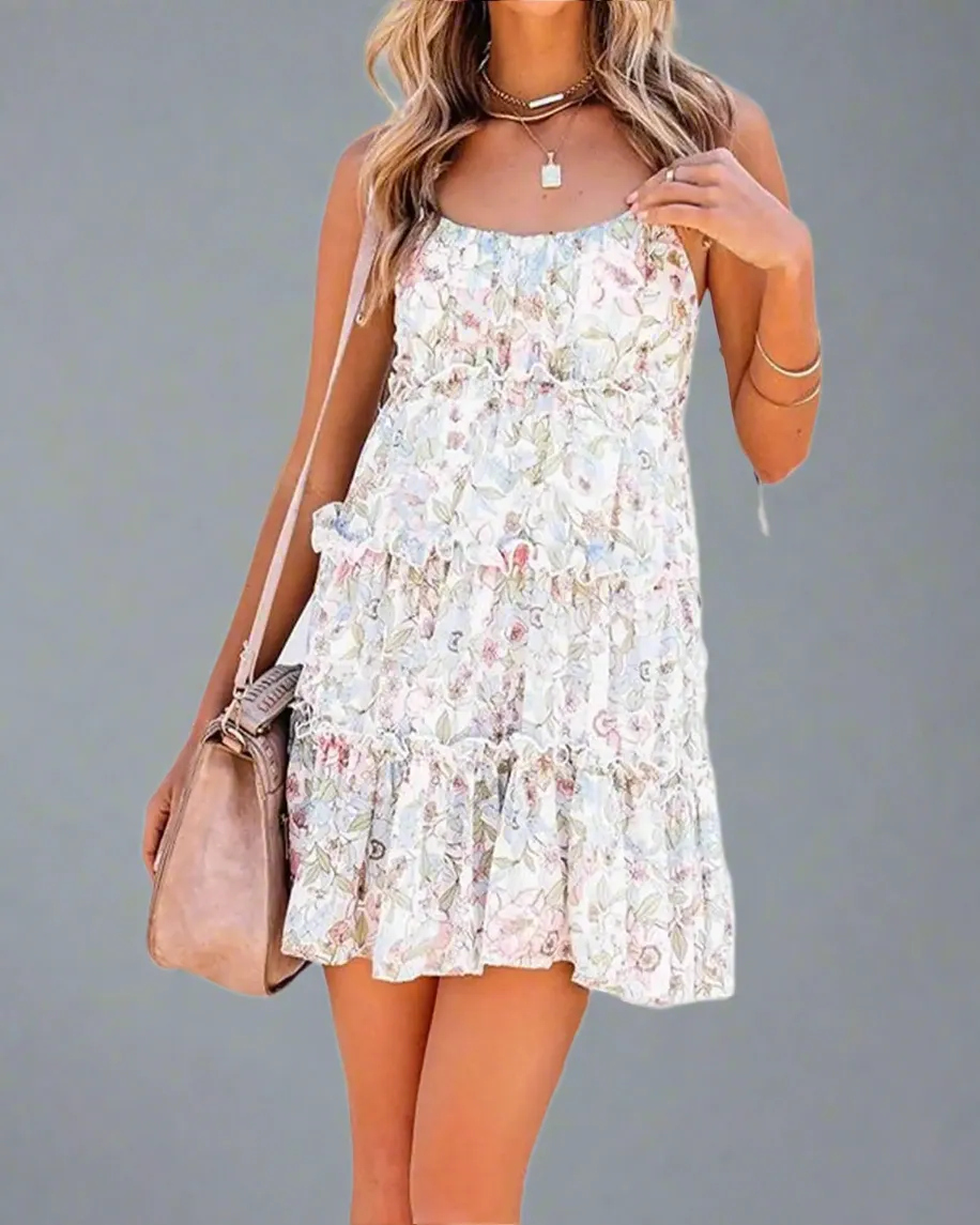 Floral Sundress for Women 2024 - Cute Boho Mini Dress with Spaghetti Straps & Ruffled A-Line Design
