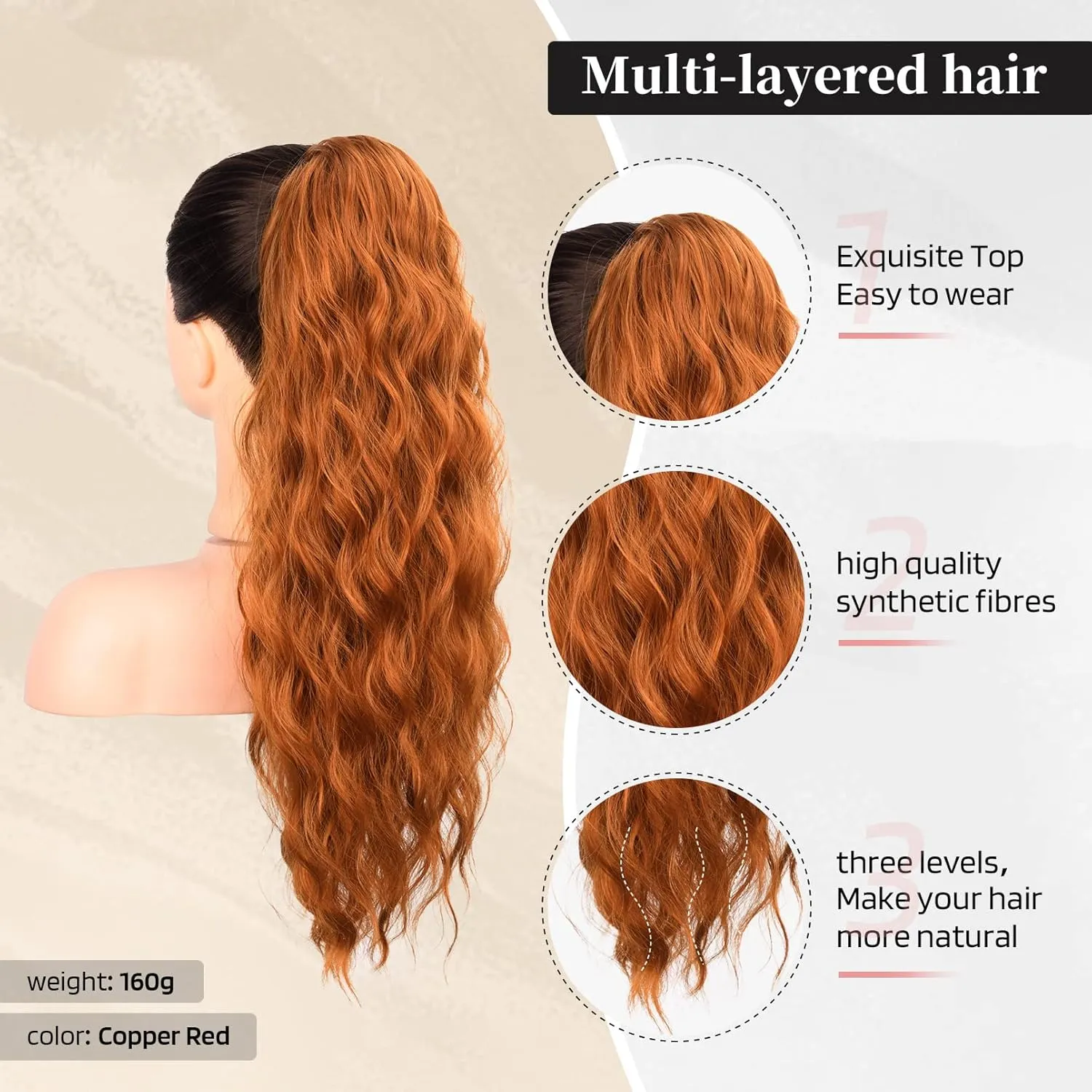 Flufymooz Ponytail Extension, 22 Inch Drawstring Ponytail Hair Extensions for Women， Long Curly Wavy Pony Tail Natural Wavy Synthetic Hairpiece for Women Daily Use party (22 Inch Copper Red)