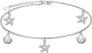 FLYOW 925 Sterling Silver Starfish Shell Anklet for Women Girls Adjustable Mermaid Tail Seaside Ankle Bracelet Boho Beach Foot Chain Charm Jewelry Birthday Gifts