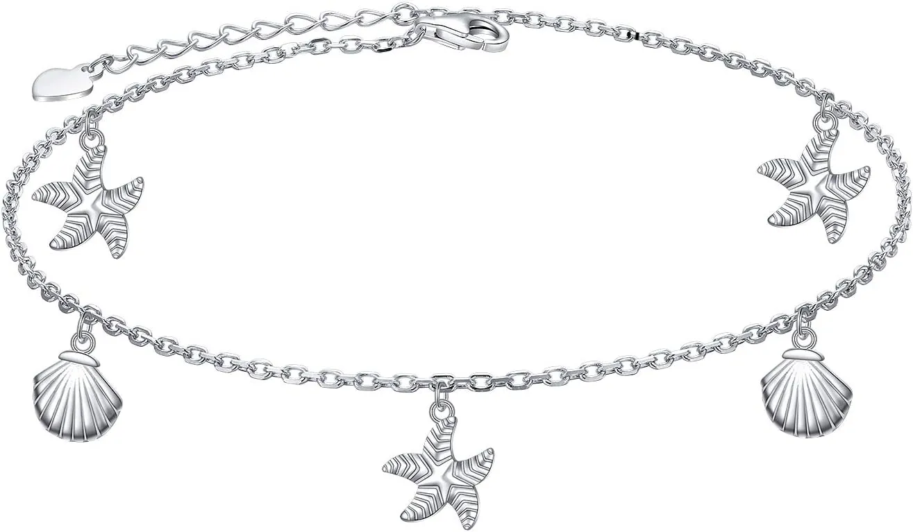 FLYOW 925 Sterling Silver Starfish Shell Anklet for Women Girls Adjustable Mermaid Tail Seaside Ankle Bracelet Boho Beach Foot Chain Charm Jewelry Birthday Gifts