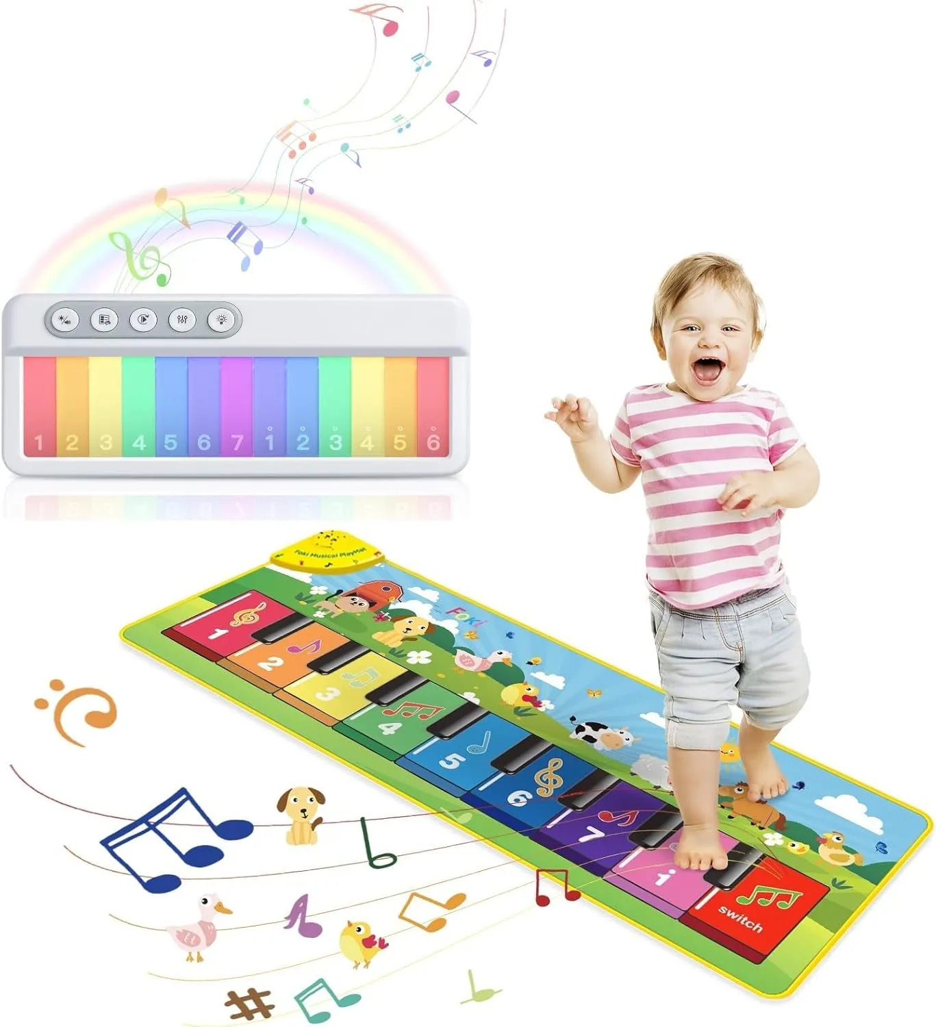 FOKI Toddler Music Toys Set, Floor Piano Baby Musical Mat and Toddler Travel Toys Light up Mini Kids Keyboard Pocket Piano, Perfect Preschool Learning Toys and Toddler Gifts Toys