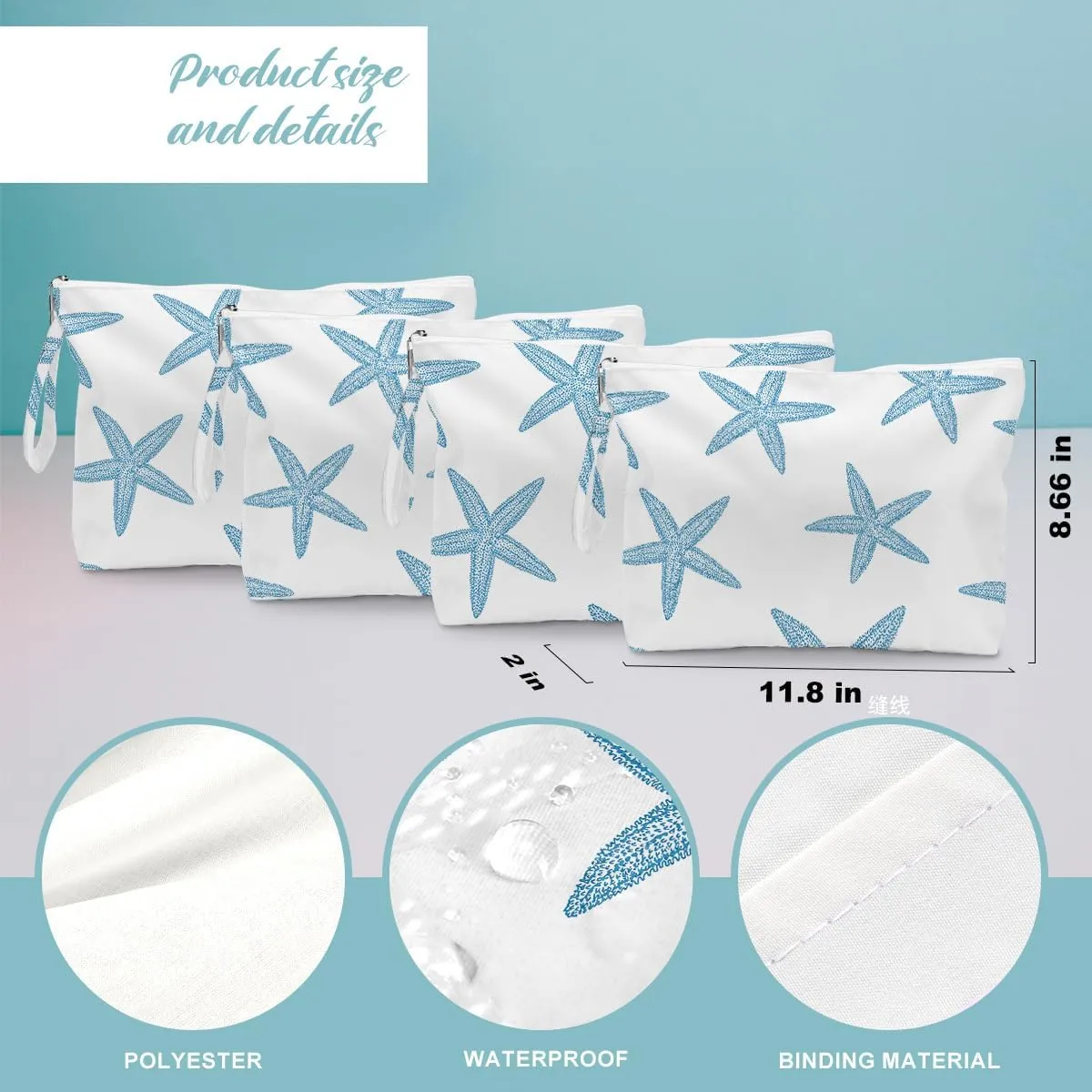 Fokongna 4PCS Favors Starfish Wet Bag Wet Dry Bag Beach Bags for Swimsuit Toiletry Bags Travel Essentials For Women, Beach Travel Gym for Swimsuit Dirty Diaper Gifts