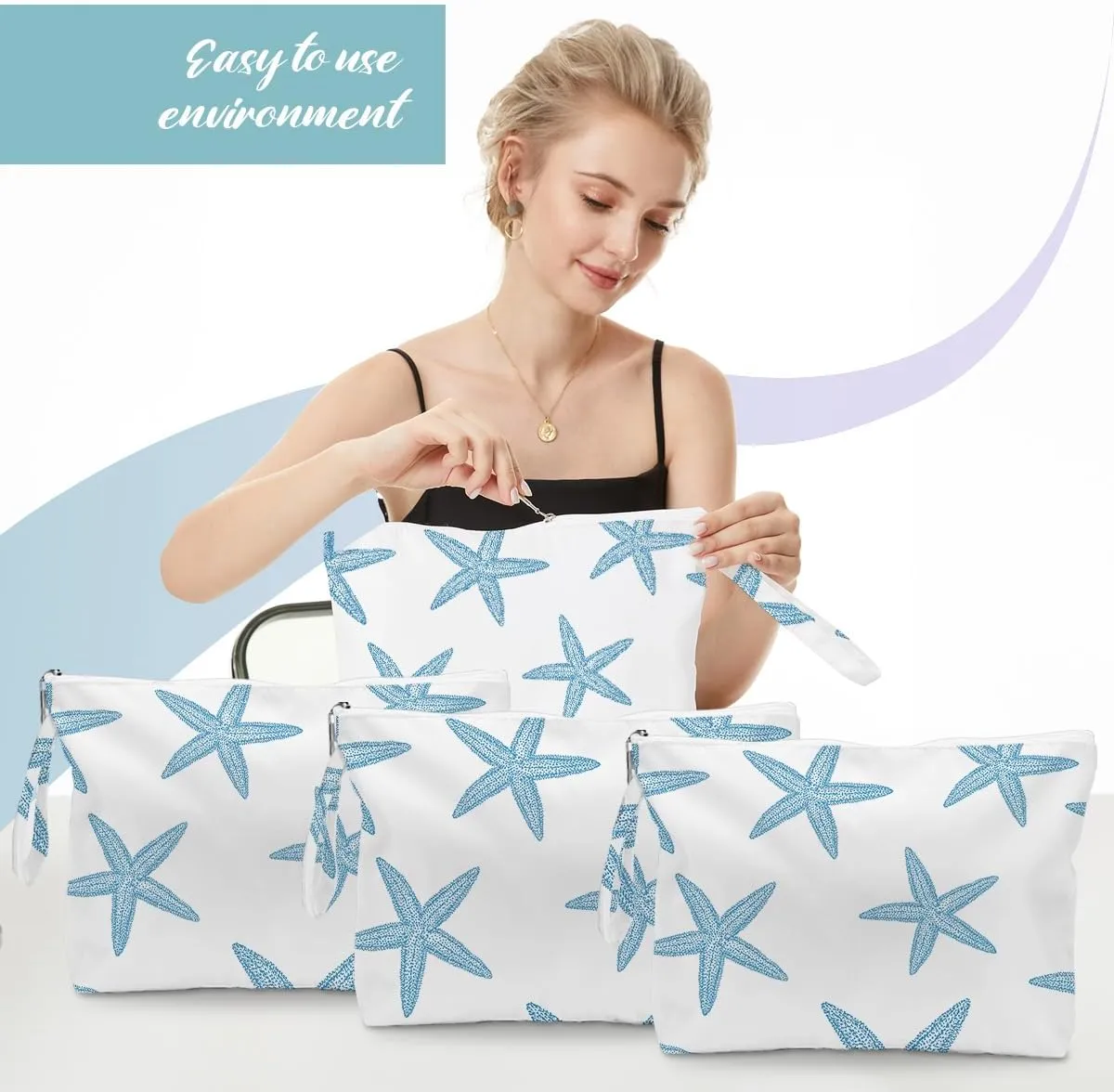 Fokongna 4PCS Favors Starfish Wet Bag Wet Dry Bag Beach Bags for Swimsuit Toiletry Bags Travel Essentials For Women, Beach Travel Gym for Swimsuit Dirty Diaper Gifts