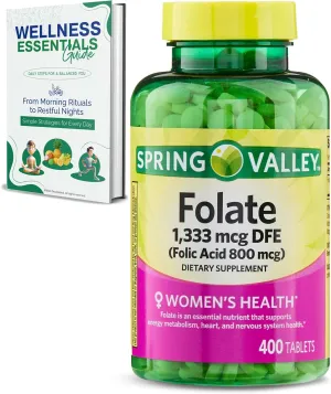 Folate 1,333 mcg DFE, Folic Acid 800 mcg, 400 Tablets - Dietary Supplement, Women's Health Boost, Metabolism & Heart Support