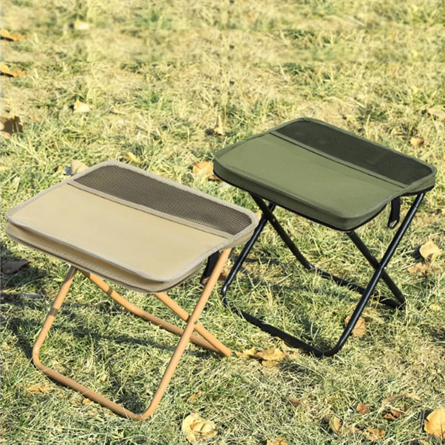 Foldable Backpack Stool, Portable Mini Outdoor Camping Folding Seat with Adjustable Shoulder Strap, Portable Mini Camping Chair for Hiking, Fishing, Mountaineering, BBQ, Travel (Khaki, Large)