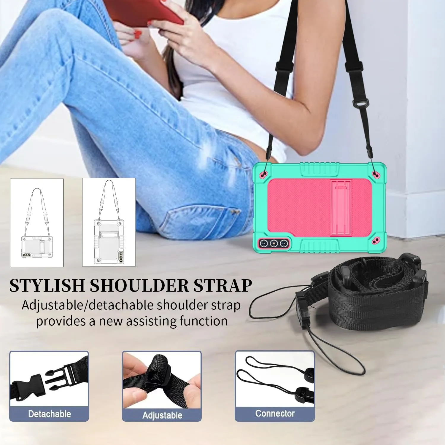 for KADYBE D106 Tablet Case with 2 Pcs Screen Protector,Heavy Duty Kids Shockproof Stand Shoulder Strap Case for MEIZE D106/VOZIZOV D106/FEONAL Android 14 10.1 inch Tablet (Green/Pink)