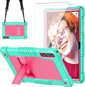 for KADYBE D106 Tablet Case with 2 Pcs Screen Protector,Heavy Duty Kids Shockproof Stand Shoulder Strap Case for MEIZE D106/VOZIZOV D106/FEONAL Android 14 10.1 inch Tablet (Green/Pink)