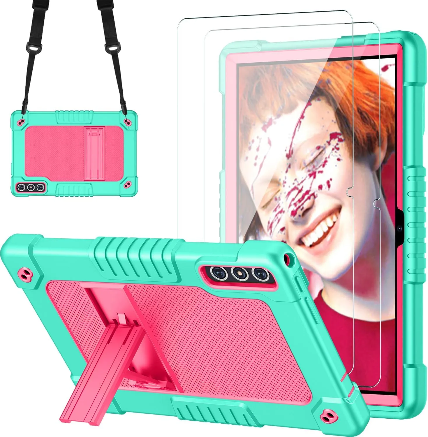 for KADYBE D106 Tablet Case with 2 Pcs Screen Protector,Heavy Duty Kids Shockproof Stand Shoulder Strap Case for MEIZE D106/VOZIZOV D106/FEONAL Android 14 10.1 inch Tablet (Green/Pink)