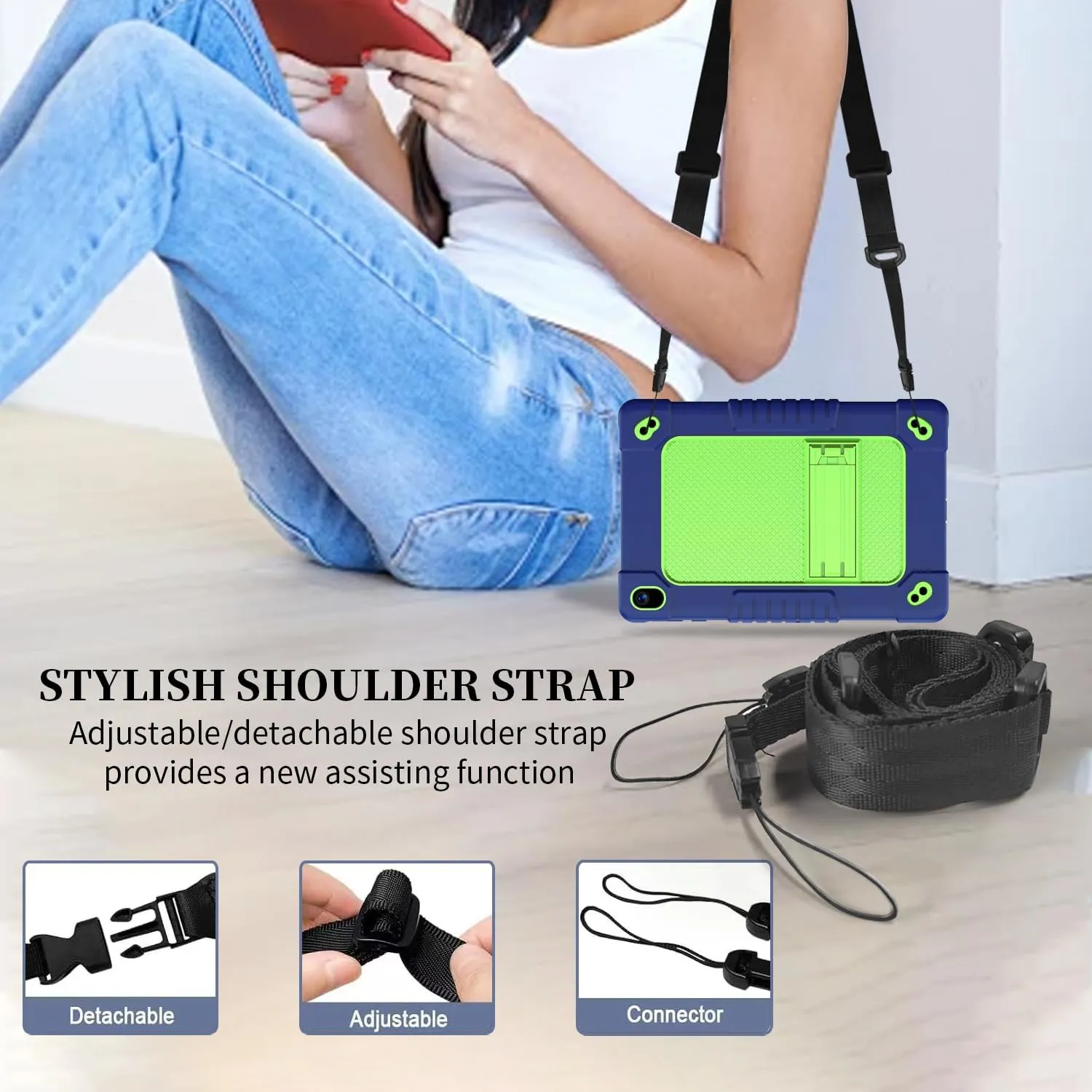 for Walmart ONN 10.1 Tablet Case Gen 4 2024 Tablet(Model:100135925),Heavy Duty Shockproof with Kickstand&Shoulder Strap Kids Friendly Case for Onn 10.1 inch Tablet Case 2024 Model(Navy/Green)