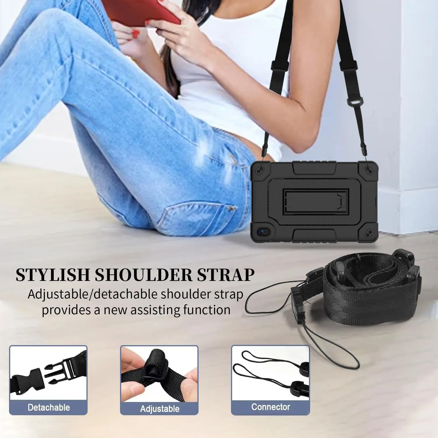 for Walmart Onn 8 inch Gen 4 2024 Model Tablet Case with 2 Pcs Screen Protector,Heavy Duty Kids Shockproof Stand Shoulder Strap Case for Walmart Onn 8 2024 Model:100135923 (Black)