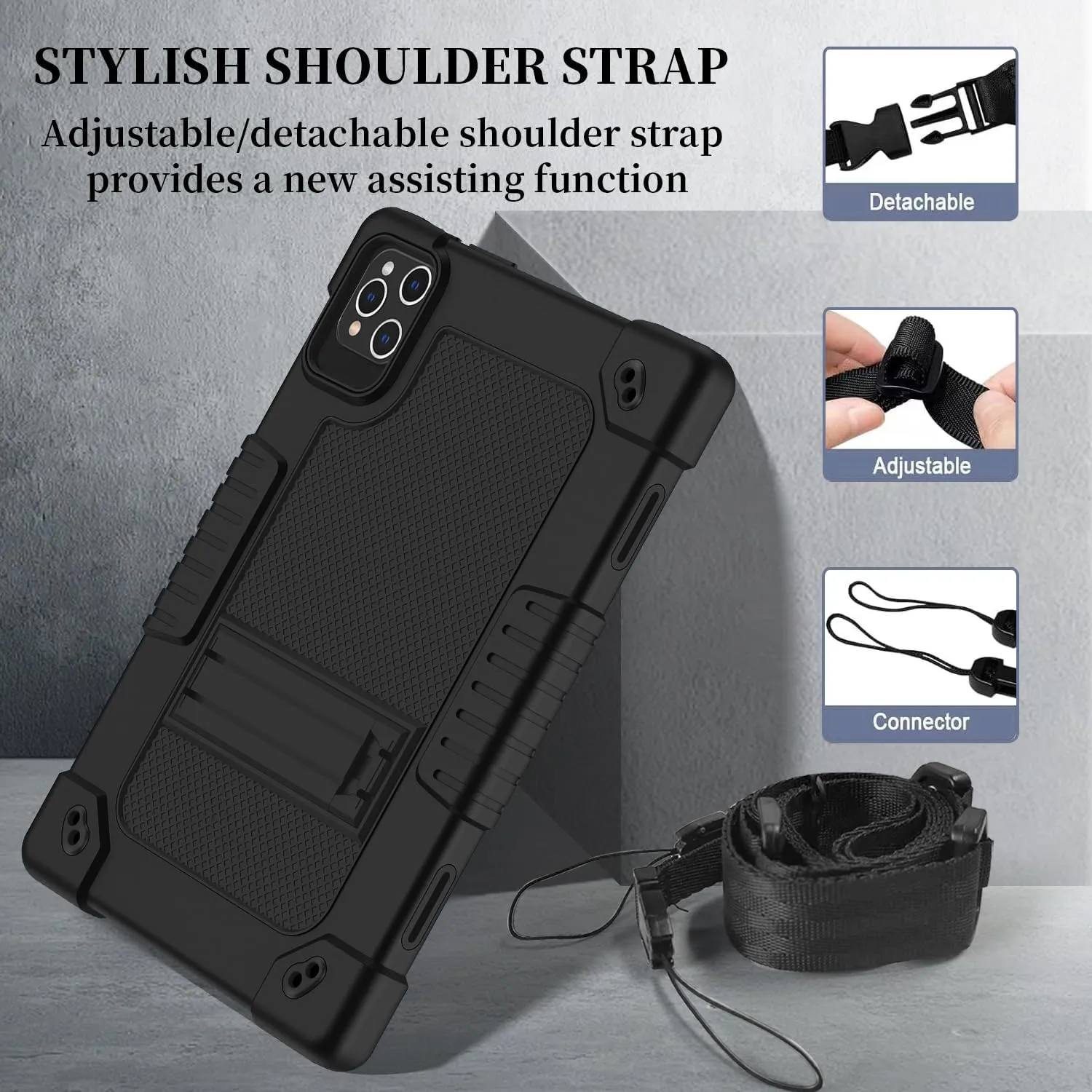 for ZONKO D106 10 inch Android 14 Tablet Case,for VOZIZOV D106 Case,Heavy Duty Shockproof Kids Cover with Shoulder Strap Kickstand for ZONKO D106/MOONSTARS D106B Tablet (Black)
