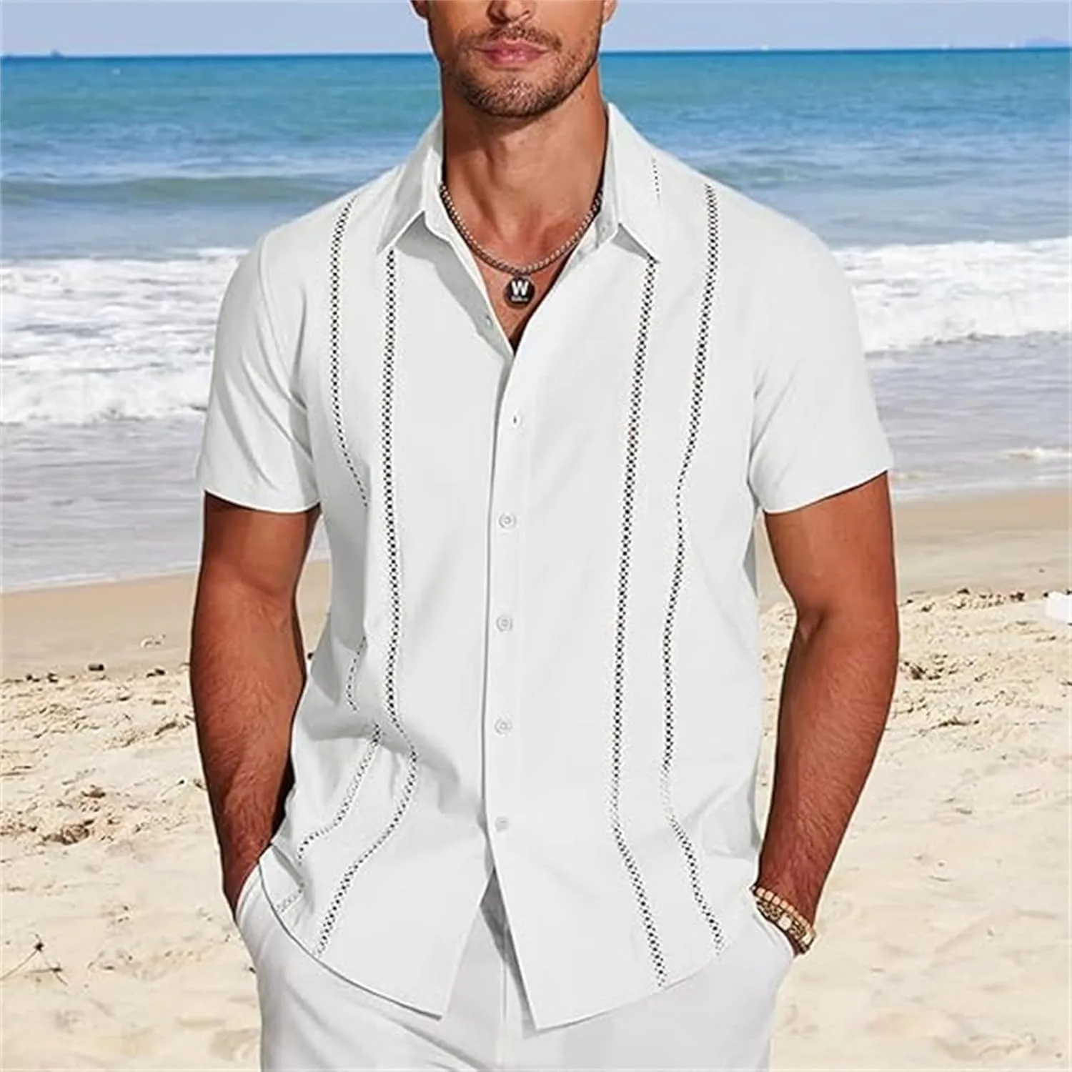 Frontaley Mens Shirt, Men's Cuba Guayabera Exquisite Hollow Embroidered Button Front Shirt, Casual Summer Beach Linen Shirts