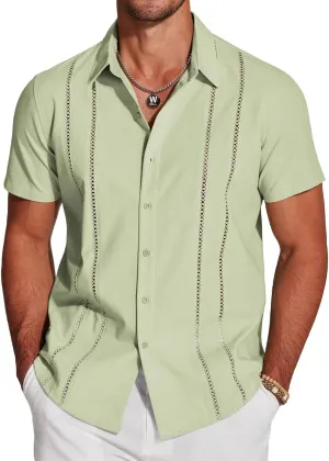 Frontaley Mens Shirt, Men's Cuba Guayabera Exquisite Hollow Embroidered Button Front Shirt, Casual Summer Beach Linen Shirts