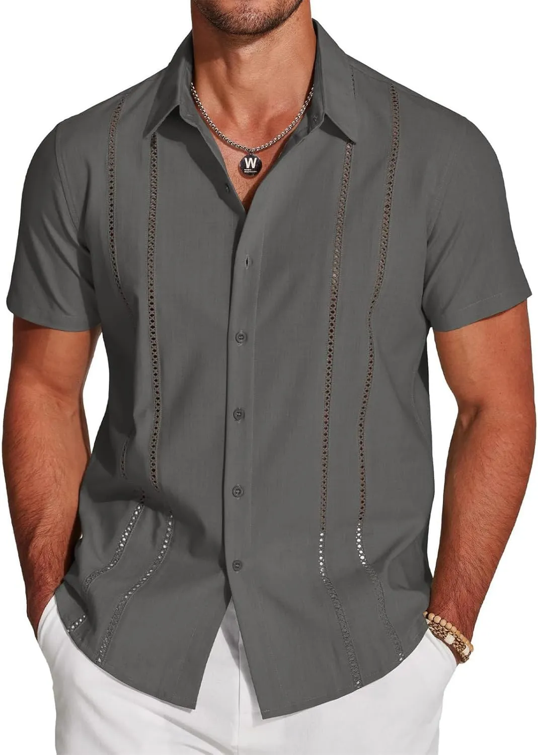 Frontaley Mens Shirt, Men's Cuba Guayabera Exquisite Hollow Embroidered Button Front Shirt, Casual Summer Beach Linen Shirts