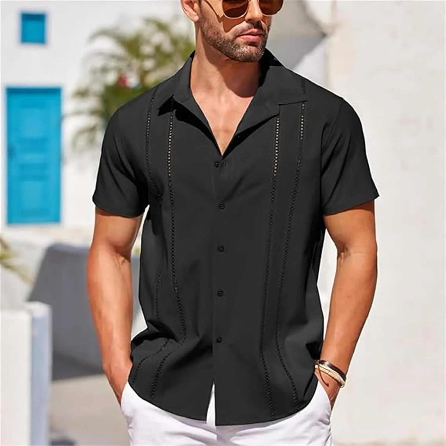 Frontaley Mens Shirt, Men's Cuba Guayabera Exquisite Hollow Embroidered Button Front Shirt, Casual Summer Beach Linen Shirts