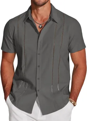 Frontaley Mens Shirt, Men's Cuba Guayabera Exquisite Hollow Embroidered Button Front Shirt, Casual Summer Beach Linen Shirts