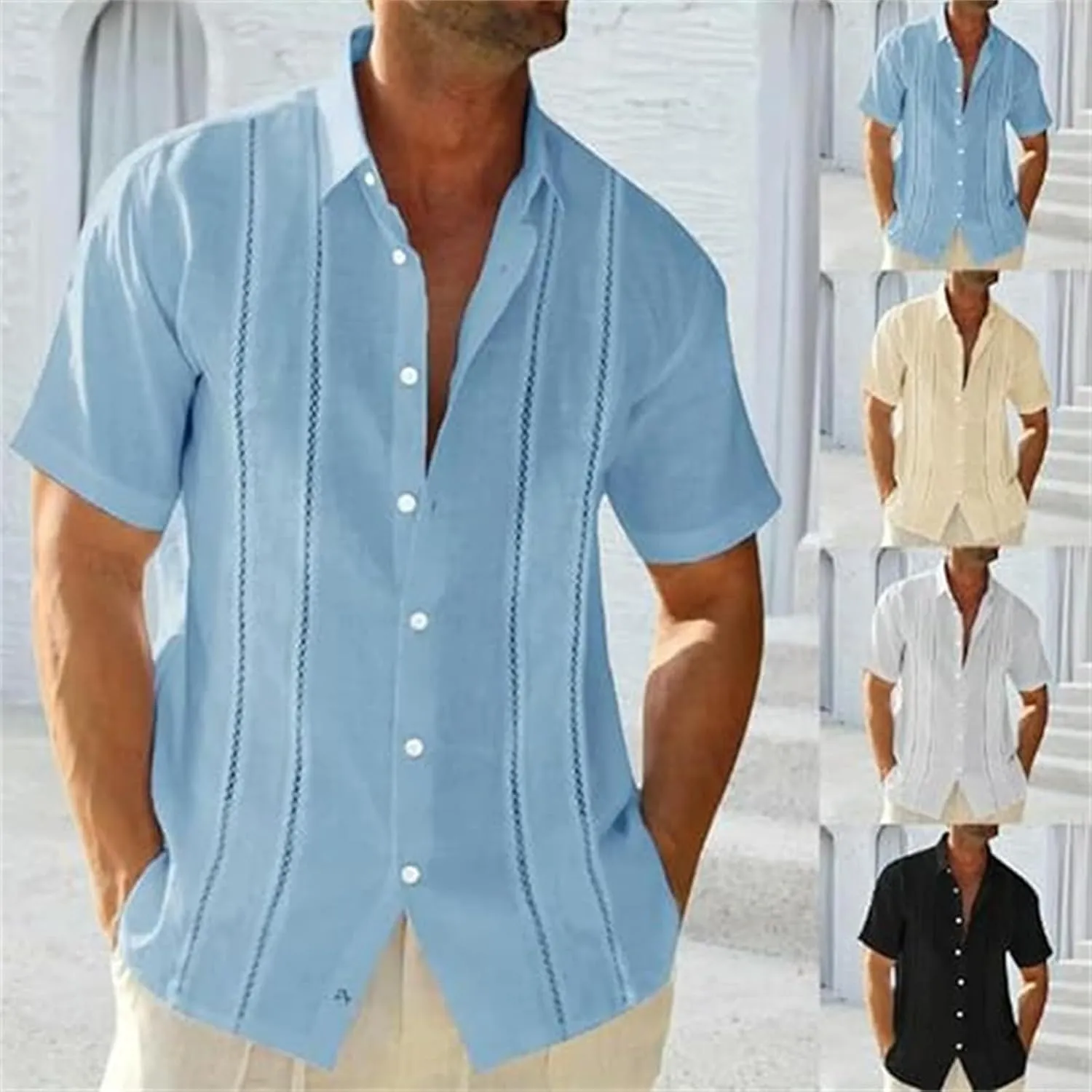 Frontaley Mens Shirt, Men's Cuba Guayabera Exquisite Hollow Embroidered Button Front Shirt, Casual Summer Beach Linen Shirts