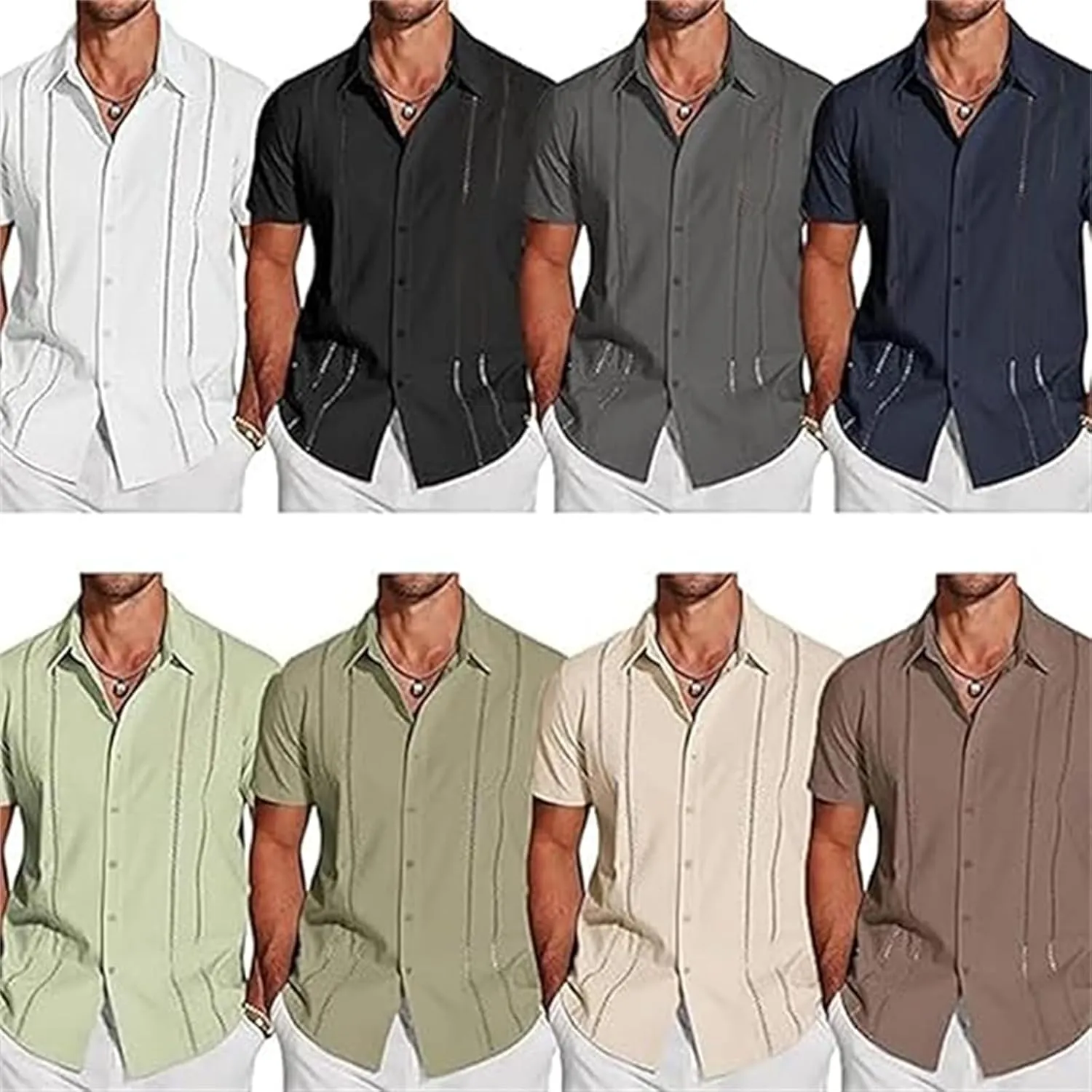 Frontaley Mens Shirt, Men's Cuba Guayabera Exquisite Hollow Embroidered Button Front Shirt, Casual Summer Beach Linen Shirts