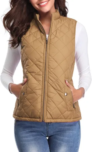 Fuinloth Women's Quilted Vest, Stand Collar Lightweight Zip Padded Gilet