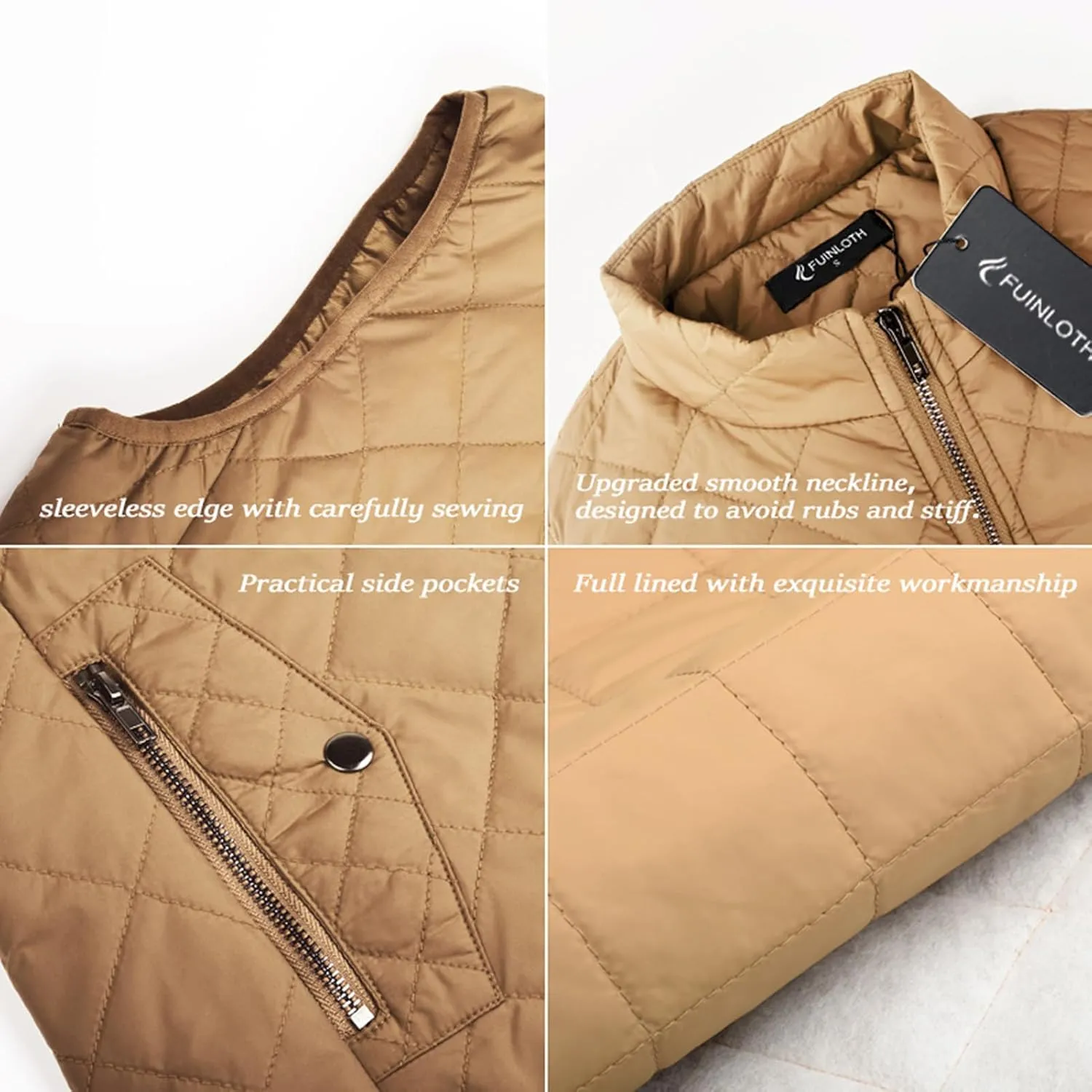 Fuinloth Women's Quilted Vest, Stand Collar Lightweight Zip Padded Gilet