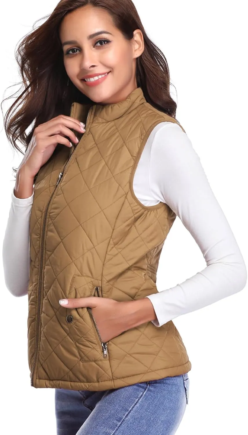 Fuinloth Women's Quilted Vest, Stand Collar Lightweight Zip Padded Gilet