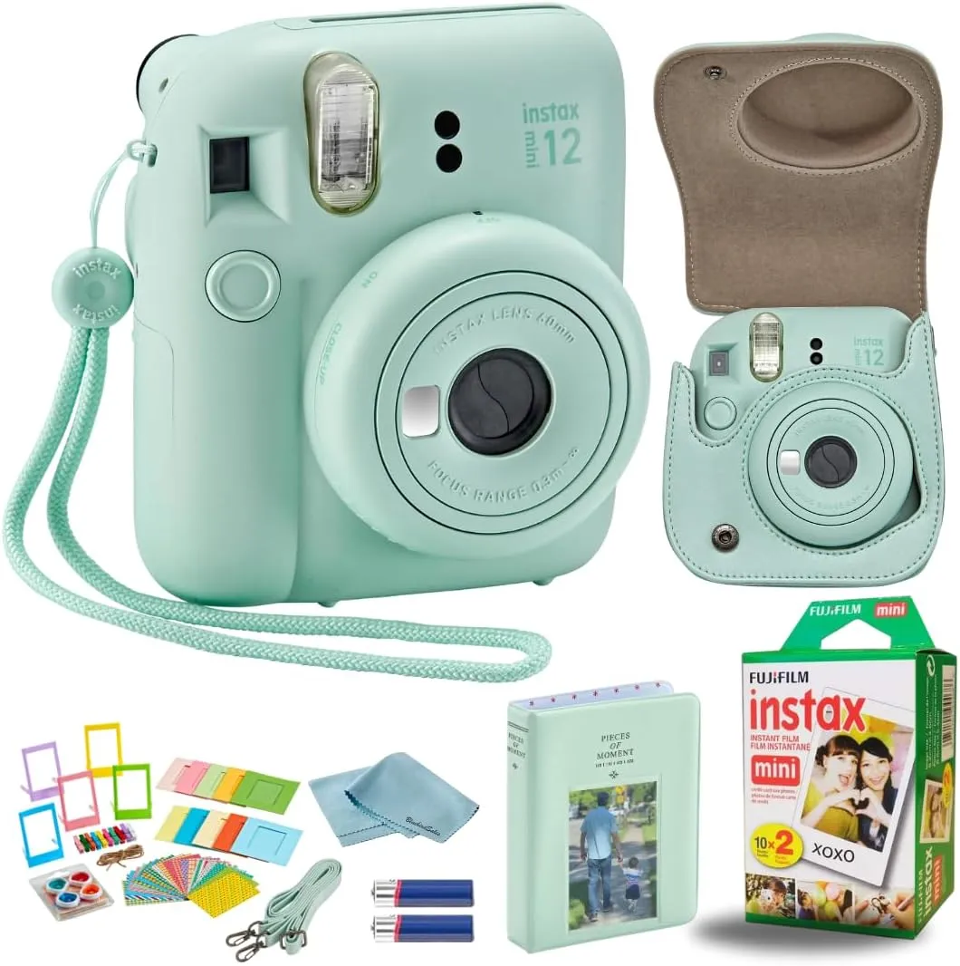 Fujifilm Instant Mini 12 Camera   Accessory Bundle & Custom Case   Fuji Instant Film (20 Shots), Designer Mini Photo Album (60 Pockets) (Mint Green)