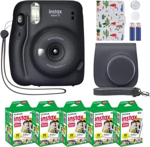 Fujifilm Instax Mini 11 Instant Camera Charcoal Gray   MiniMate Accessory Bundle & Compatible Custom Case   Fuji Instax Film Value Pack (50 Sheets) Flamingo Designer Photo Album