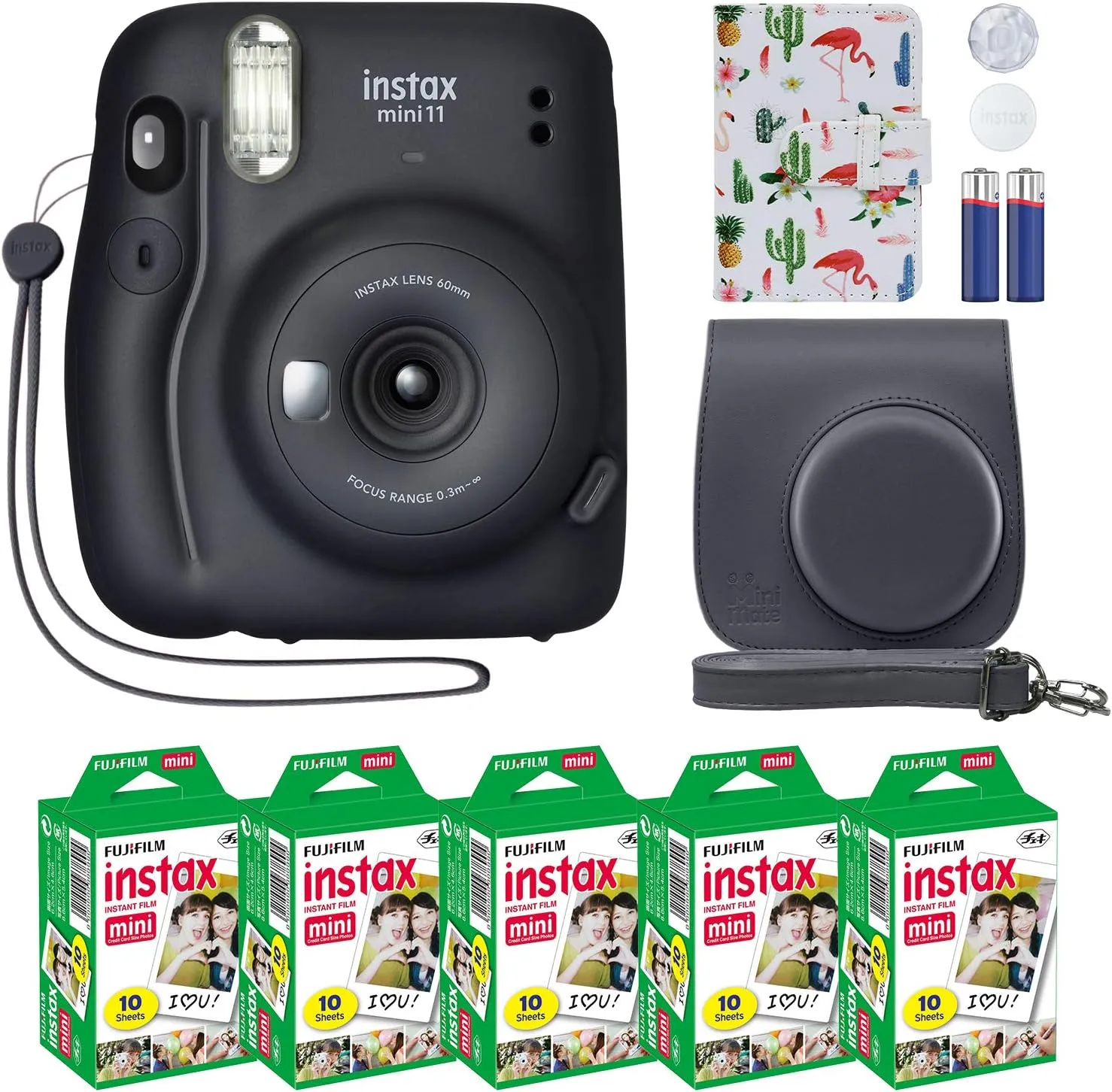 Fujifilm Instax Mini 11 Instant Camera Charcoal Gray   MiniMate Accessory Bundle & Compatible Custom Case   Fuji Instax Film Value Pack (50 Sheets) Flamingo Designer Photo Album