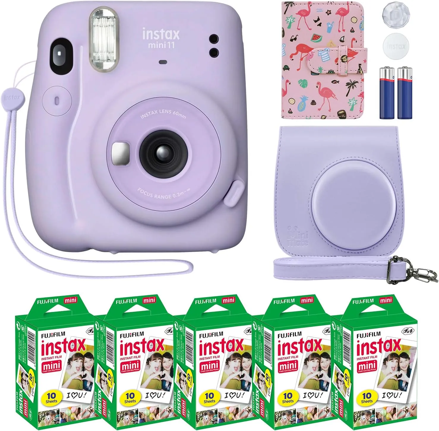 Fujifilm Instax Mini 11 Instant Camera Lilac Purple   Custom Case   Fuji Instax Film Value Pack (50 Sheets) Flamingo Designer Photo Album