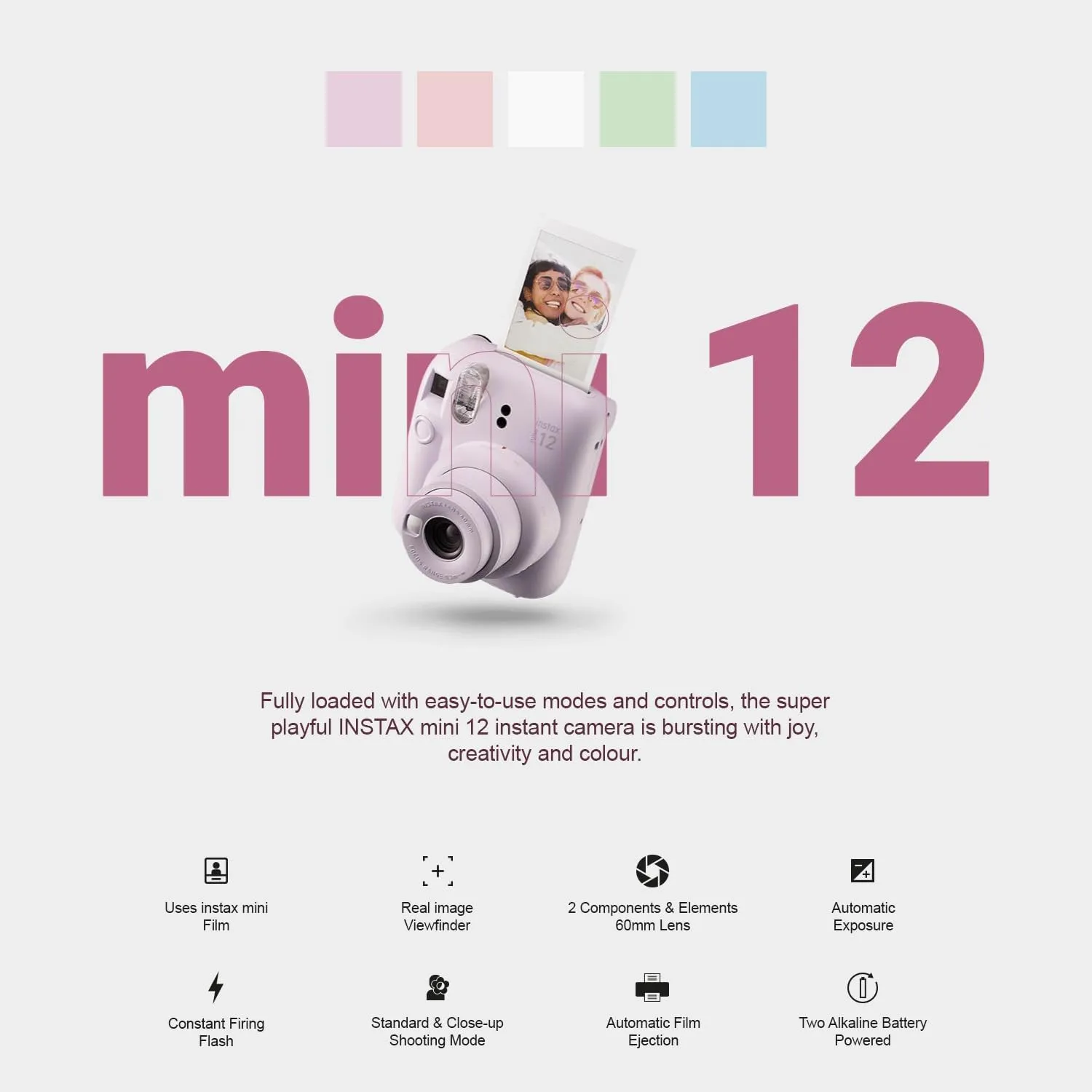 Fujifilm Instax Mini 12 Instant Camera   MiniMate Accessory Bundle & Compatible Custom Case   Fuji Instax Film Value Pack (50 Sheets) Flamingo Designer Photo Album (Blossom Pink)