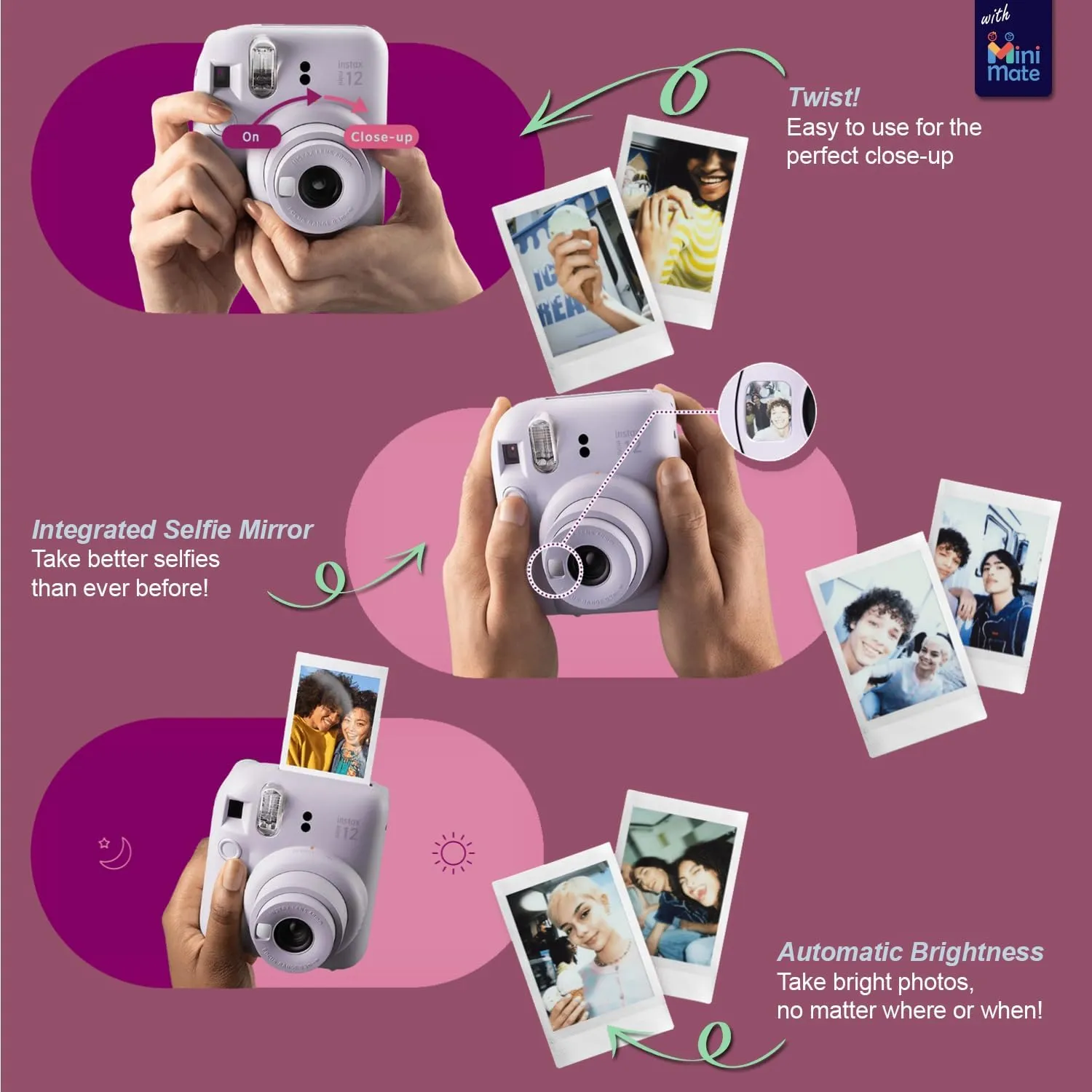 Fujifilm Instax Mini 12 Instant Camera   MiniMate Accessory Bundle & Compatible Custom Case   Fuji Instax Film Value Pack (50 Sheets) Flamingo Designer Photo Album (Blossom Pink)