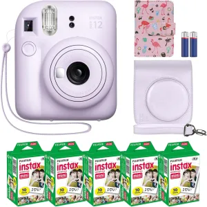 Fujifilm Instax Mini 12 Instant Camera   MiniMate Accessory Bundle & Compatible Custom Case   Fuji Instax Film Value Pack (50 Sheets) Flamingo Designer Photo Album (Lilac Purple)