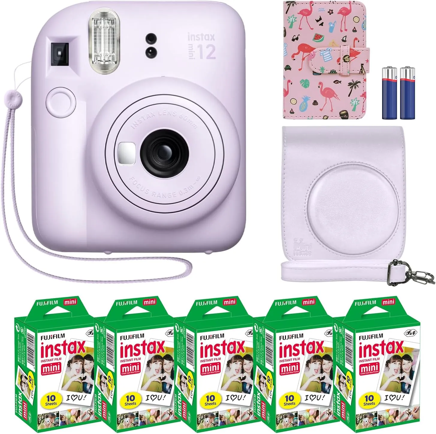 Fujifilm Instax Mini 12 Instant Camera   MiniMate Accessory Bundle & Compatible Custom Case   Fuji Instax Film Value Pack (50 Sheets) Flamingo Designer Photo Album (Lilac Purple)